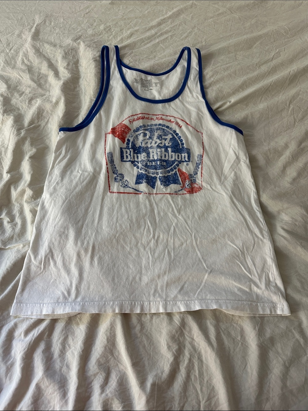 Original Retro Brand White Tank with Blue Trim and Red/Blue Graphic